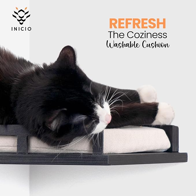 INICIO Cat Wall Shelves - Modern and Durable 3 Step Cat Furniture for Wall - Stylish Birch Floating Shelf for Cats up to 15lbs - Wooden Corner Shelves with Cushioned Perch - Black