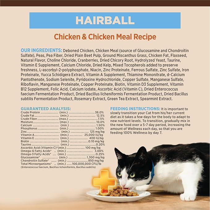 Wellness CORE+ Hairball Adult Dry Cat Food for Indoor & Outdoor Cats, Grain Free, Natural, Chicken and Chicken Meal (4.75 Pound Bag)