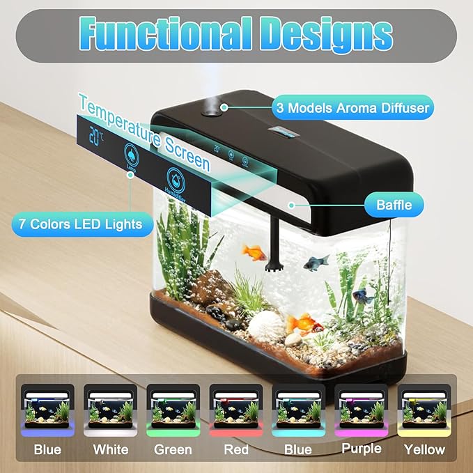 Fish Tank 3 Gallon Smart Aquarium Kits with Silent Water Pump,Self Cleaning System,7 Color Lights,Temperature Display, Aromatherapy, Advanced Filtration for Small Fish Kids Room Desktop Decor