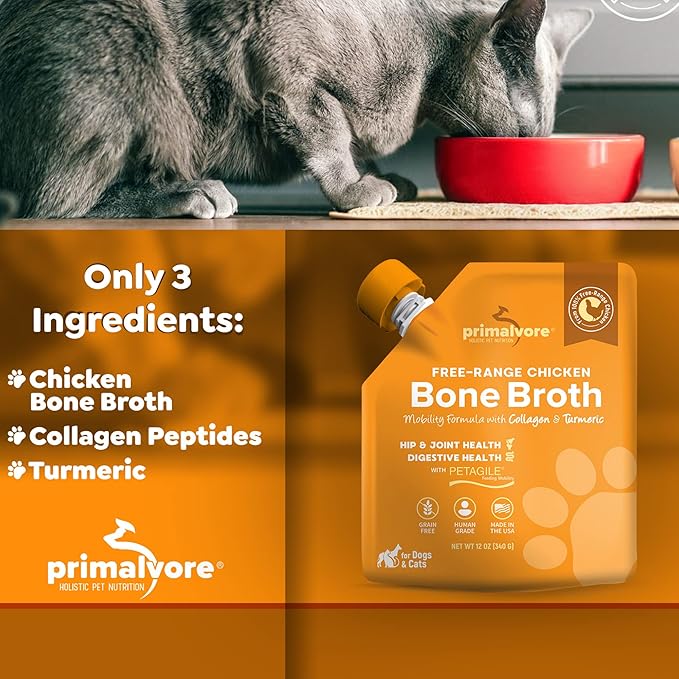 Primalvore Free-Range Bone Broth for Dogs &Cats, Mobility Formula w/Collagen Peptides to Help Support Hip & Joints, Digestion, Skin & Coat and Hydration, Human Grade, Made in USA. Chicken 2 Pack