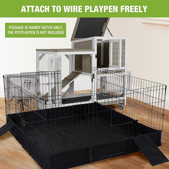 GUTINNEEN Rabbit Hutch Indoor Mobile Bunny Cage with Run Wooden 2 Story Guinea Pig Cage Outdoor for Small Animals with Wheels,Two Deeper No Leak Trays(Grey)