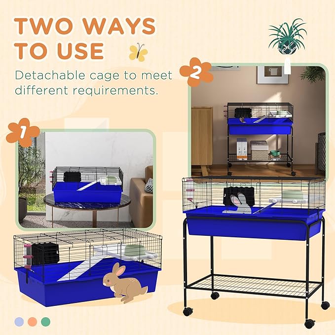 PawHut Two-Story Small Animal Cage Removable from Stand, Guinea Pig Cage with Shelf & Wheels, Pet Habitat for Hedgehog, Chinchilla, Ferret, 33" x 18.5" x 35", Blue