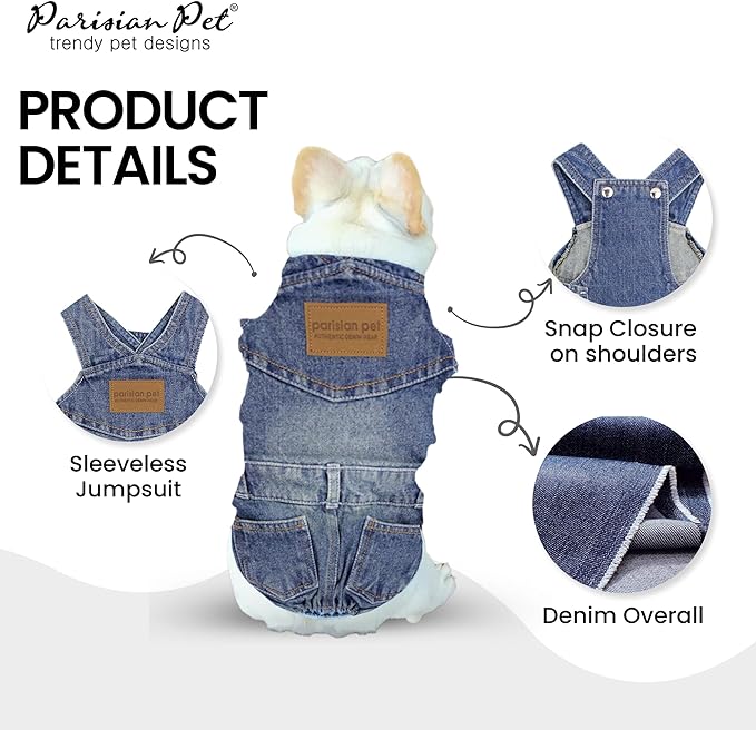 Parisian Pet Denim Overall - Blue Dog Jeans Outfit - Breathable Puppy Jumpsuit Costumes - Machine Washable Overall for Dogs - Dog Clothes for Large Dogs - XL