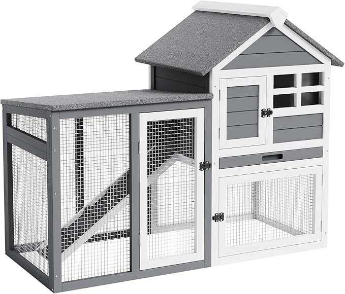 Rabbit Hutch 2-Tier, Small Wooden Chicken Coop for Outdoor Use - Weatherproof Small Animal Hutch with Non-Slip Ramp, 4 Access Doors & Removable Tray for Rabbits, Guinea Pigs, Ferrets (Indoor/Outdoor)