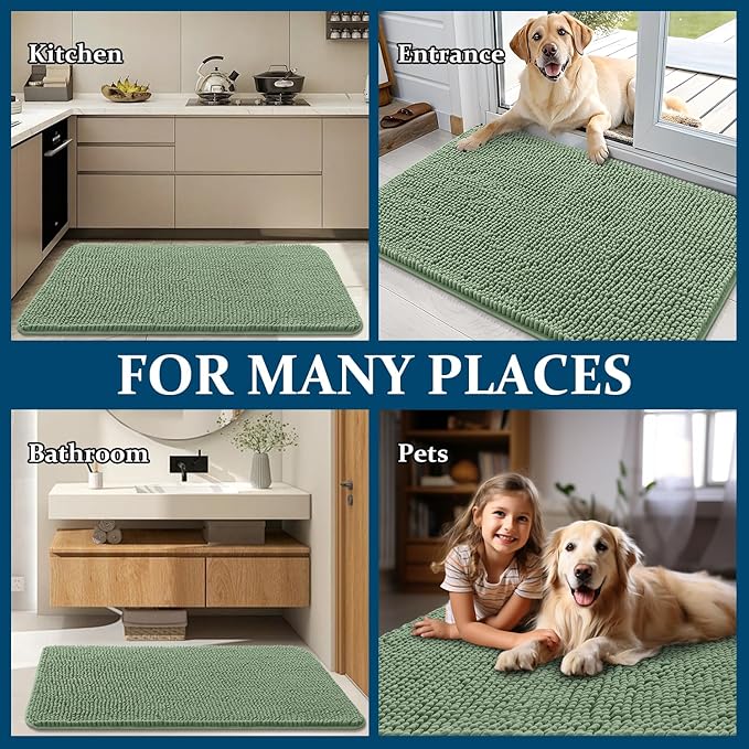 OLANLY Dog Door Mat for Muddy Paws 59x24, Absorbs Moisture and Dirt, Absorbent Non-Slip Washable Doormat, Quick Dry Chenille Mud Mat, Entry Indoor Entryway Carpet for Inside Floor, Olive Green