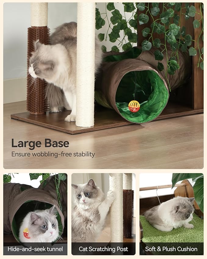 FourFurPets Large Cat Tree with Leaves, 72.8-Inch Cat Tower for Indoor Cats, Modern Cat Tree with Scratching Post, Large Perch, Tunnels, Swing Ball, Self Groomer, Greige