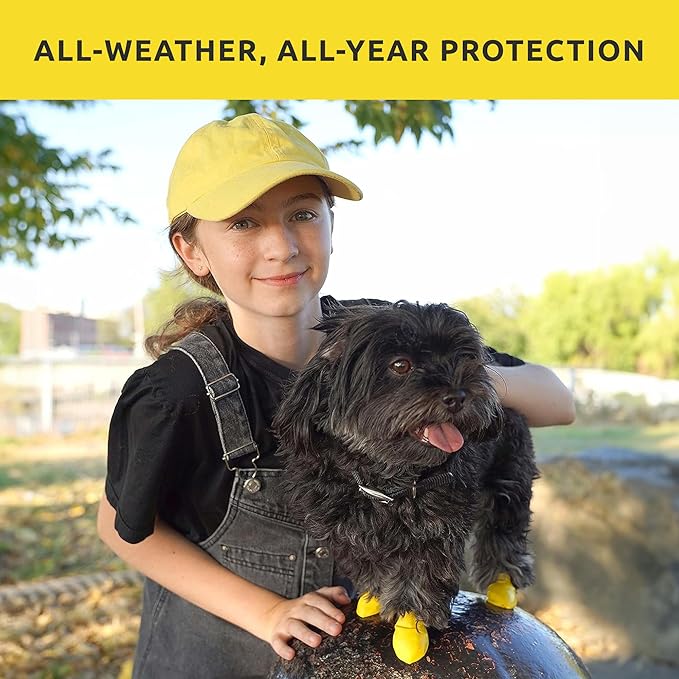 PawZ Rubber Dog Boots for Paws up to 1 1/2", 24 Total (2 Packs of 12) - All-Weather Dog Booties for Hot Pavement, Snow, Mud, and Rain - Waterproof, Anti Slip Dog Socks - XX-Small, Yellow