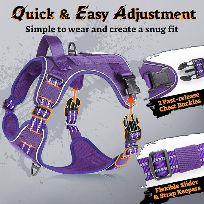 rabbitgoo Dog Harness for Large Dogs No Pull, Tactical Service Pet Vest with Molle and Control Handle, Adjustable and Reflective Military Harness for Easy Walking and Training, Purple, XL