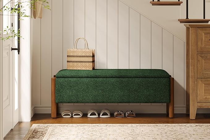 Modern Storage Benches with Walnut Wood Legs, 47'' Ottoman Bench with 20 Gallons Storage Space for Bedroom End of Bed, Fabric Upholstered Entryway Bench with Seating for Livingroom, Green