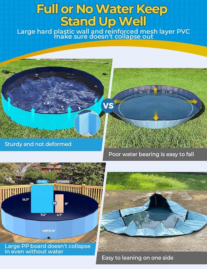 VISTOP Jumbo Foldable Dog Pool, Hard Plastic Shell Portable Swimming Pool for Dogs Cats and Kids Pet Puppy Bathing Tub Collapsible Kiddie Pool (87inch.D x 15.7inch.H, Blue)