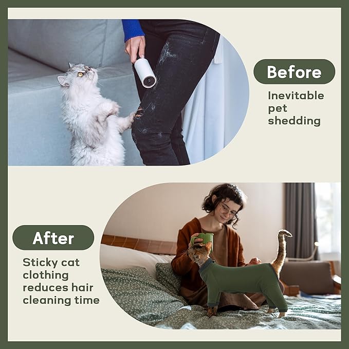 PUMYPOREITY Sticky Hair Cat Clothes, Prevent Hair Loss Cat Pajamas, Soft Cat Sweaters for Cats Only, Cat Hair Sticky Onesie, Cat Recovery Suit After Surgery, Green, XL