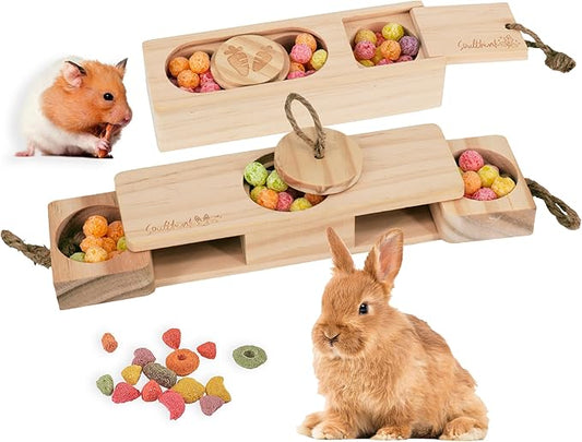 Interactive Wooden Pet Sniff n' Snack Rabbit Chew Toys - Chinchilla & Rabbit Enrichment Toys for Boredom (2 Set)