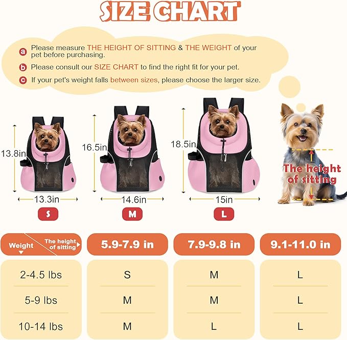WOYYHO Pet Dog Carrier Backpack Small Dog Front Backpack Ventilated Mesh Dog Travel Back Pack with Safety Belt for Travel Hiking Cycling Outdoor Adventures (Size S: 2-4.5 lbs, Pink)