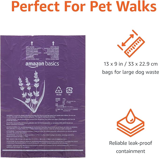Amazon Basics Premium Lavender Scented Standard Dog Waste Bags, 300 Count (15 Pack of 20)
