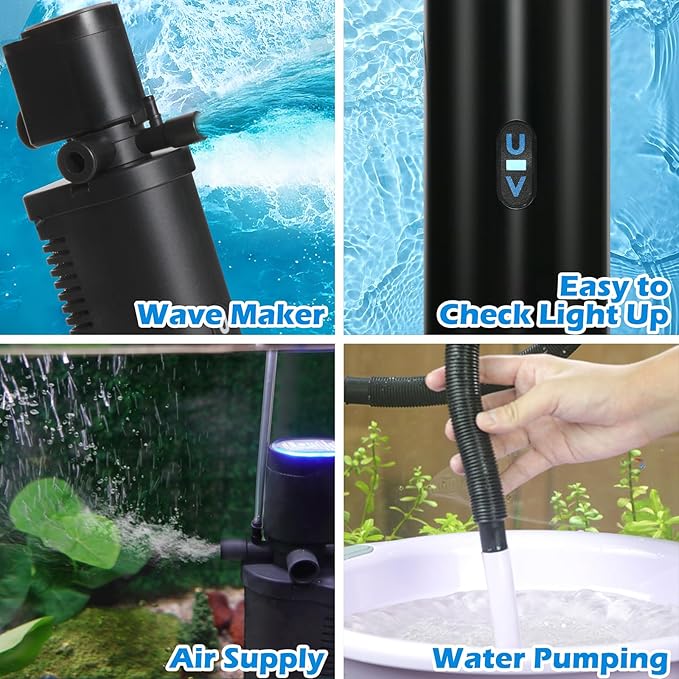 Aquarium U-V Filter 158GPH for 10-45 Gallon Small Betta Fish Turtle Tank, Internal Filter w/ Aeration Bio Sponge Green Clean Machine Green Killing Deodorization Keep Saltwater Freshwater Crystal Clear