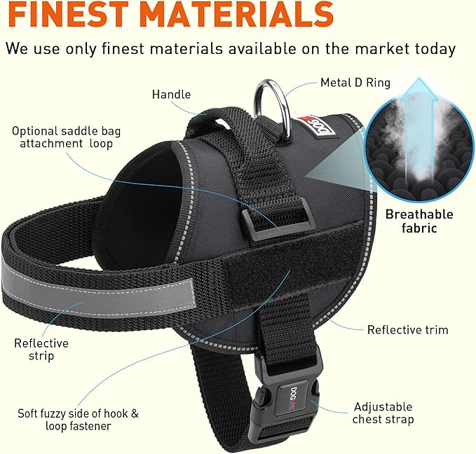 Dogline Dog Harness, Reflective No-Pull Adjustable Vest with Handle for Walking, Training, Breathable, No - Choke Harness for Small, Medium or Large Dogs Room for Patches Girth 22"-28" in Black