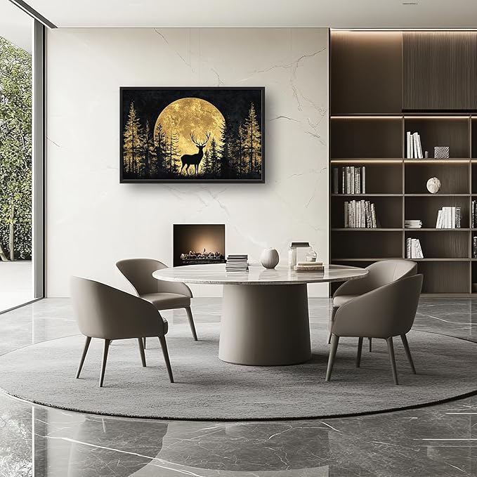 Large Moon Forest Deer Wall Art for Living Room, Black Deer Canvas Oversized Wall Decor, Elk Animal Aesthetics Framed Pictures Painting Print Artwork for Bedroom Office 36L" x 24W"