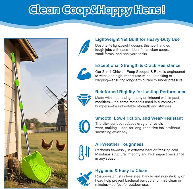 12-Inch 2-in-1 Chicken Poop Scooper & Rake – US Patent Pending – 3-Shape Sifting Holes Chicken Coop Rake，Stainless Steel Handle （20–61"）– Litter Scoop Sand & Sifting Shovel for Chicken Coops(Green)