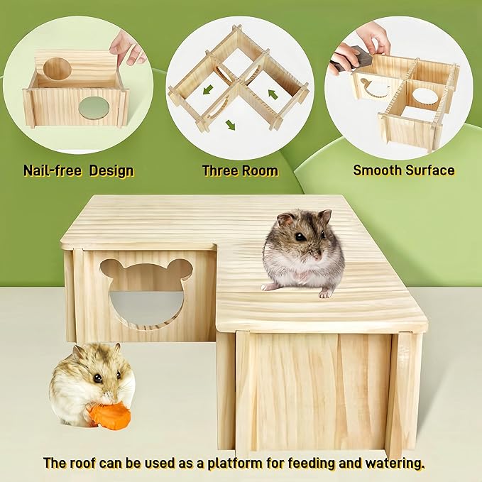 Natural Wooden Hamster House Hideout Multi-Chamber Hamster Maze Tunnel Detachable Small Pet House Habitats Exploring Toys for Dwarf Hamster, Hedgehog, Rats, Gerbils, Mice, Guinea Pigs