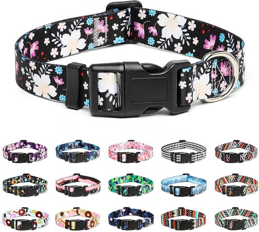 Mercano Adjustable Dog Collar - Special Design Patterns, Soft Nylon Comfortable Durable Pet Collar for Small Medium Large Dogs (XS, Floral White)