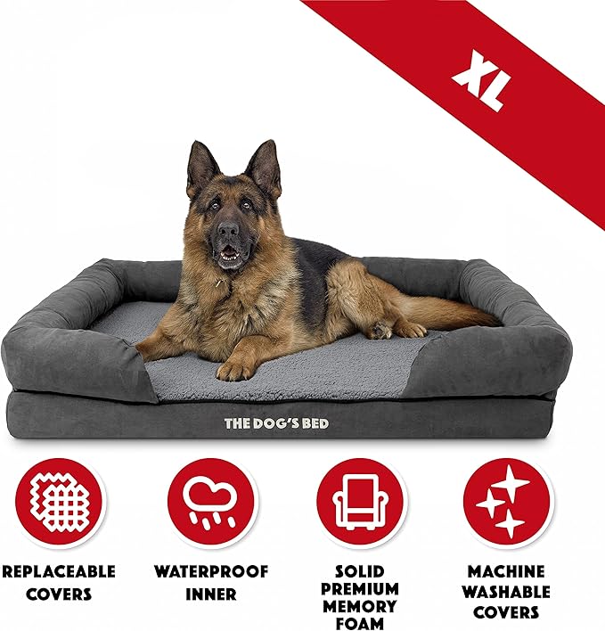 The Dog’s Bed, XL Grey Plush 43.5x34,Solid Memory Foam, Pain Relief: Arthritis, Hip & Elbow Dysplasia, Post Surgery, Lameness, Supportive, Calming, Waterproof Washable Cover, Veterinary Approved