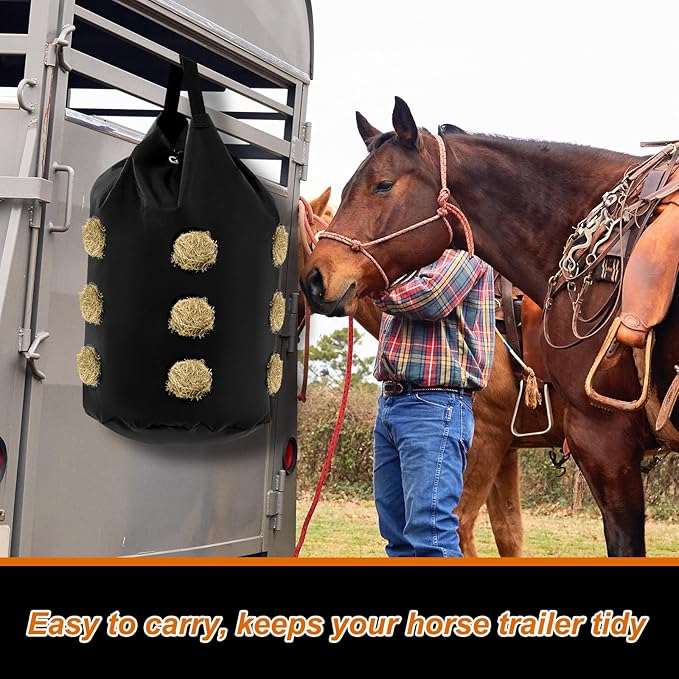2 Pcs hay Bags for Horses Goats Slow Feed 1680D Oxford Bag Black Large Capacity Net Open Feed Hole Hay Holder for Horse Goats Sheep(15 Holes)