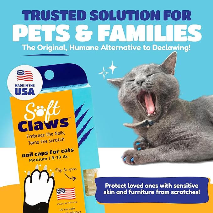 Soft Claws Cat Nail Caps for Medium Cats – (Red, Blue & Gold, 40 Caps) – Made in USA – Veterinarian-Developed | Scratch Protection, Easy to Apply, Long-Lasting Soft Nail Covers for Cats