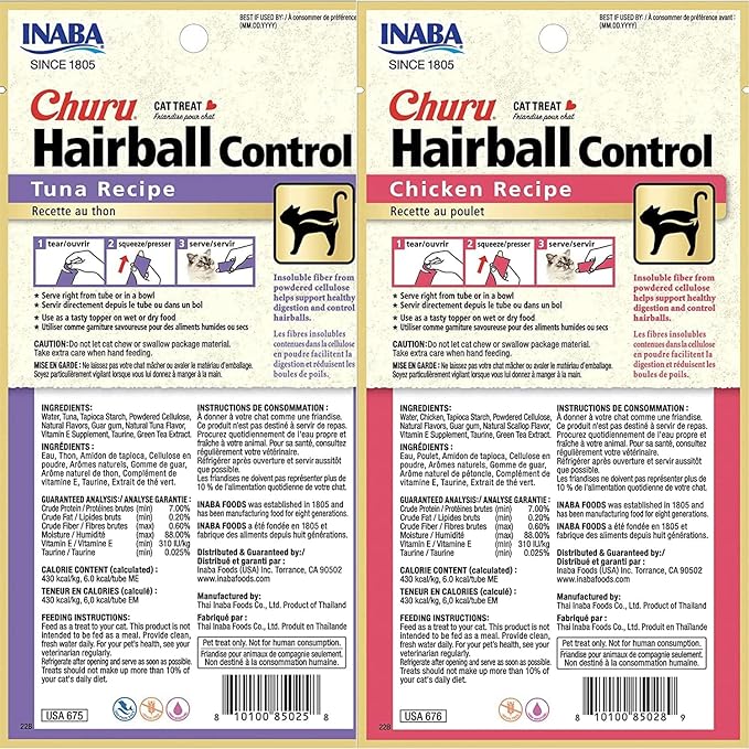 INABA Churu for Cats, Functional, Creamy Lickable Purée Cat Treat for Hairball Control, 0.5 Ounces Each, 48 Tubes (4 per Pack), 2 Flavor Tuna and Chicken Variety Pack