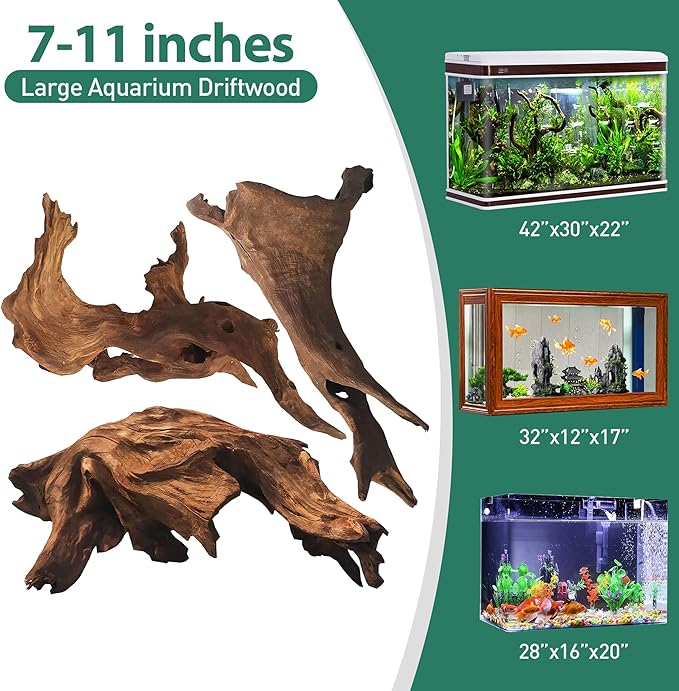 WDEFUN Natural Driftwood for Aquarium Decor, 3-Piece 7''-11'' Large Driftwood for Decorations on Fish Tank, Reptiles Bearded Dragon Accessories or Air Plants