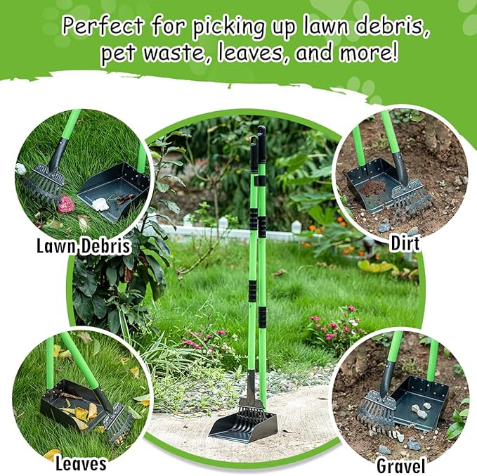 MXF Dog Pooer Scooper Set, 2 in 1 Pet Poop Scooper with Long Handle 28" Dog Poop Picker Upper and Stainless Metal Tray & Rake for Medium & Small Dogs, Heavy Duty for Grass, Dirt, Gravel