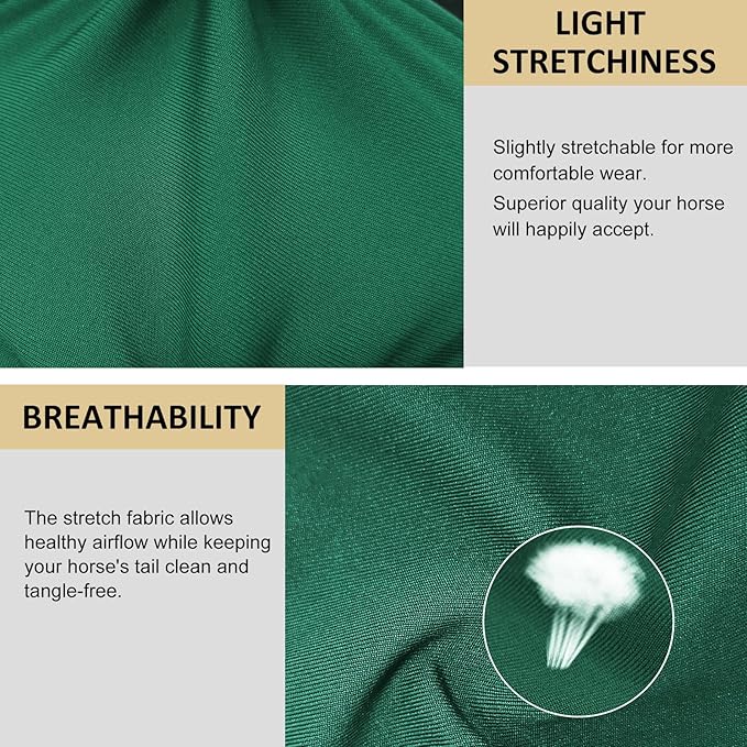 Harrison Howard Stretchy Tail Bag Breathable Horse Tail Guard Slip on Design Protect Horse Tail 2 Strand Closure Straps Keep Tail Clean & Protected 22" L Length Makes Grooming Easy-Deep Green