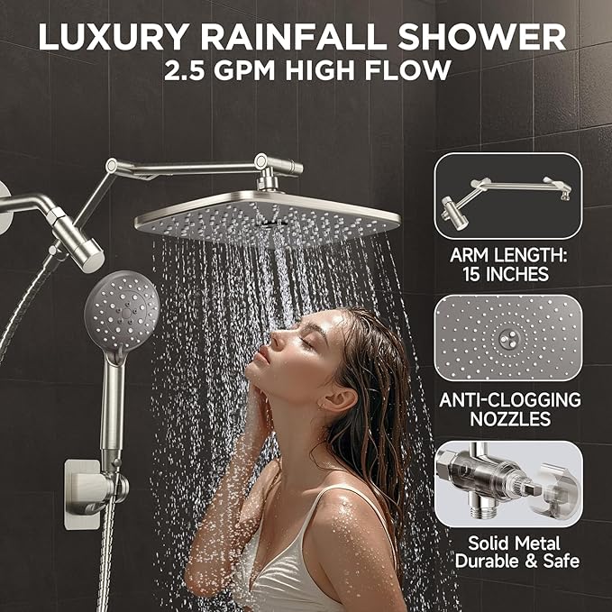 Veken Wide Rain Shower Head with 6 Modes Handheld Water Spray,High Pressure Showerhead Combo with Arm,Adjustable Dual Shower with Anti-Clog Nozzles, Brushed Nickel