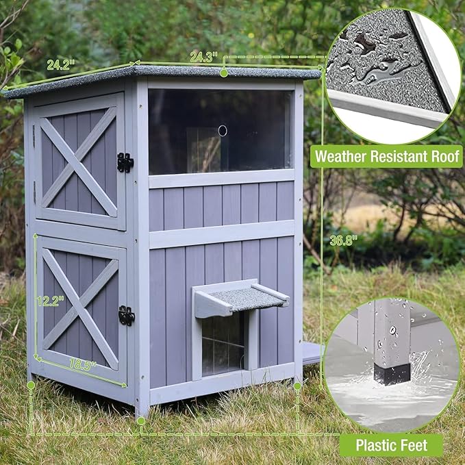 GUTINNEEN Outdoor Cat House Weatheproof Feral Cat Shelter Wooden Cat Condo for Winter with Escape Doors（AIR14）