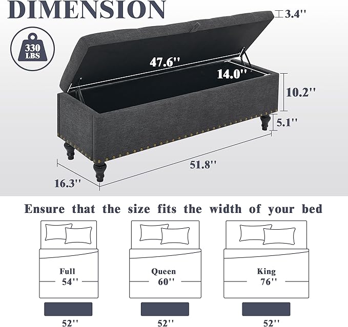 Mangodan51” Linen End of Bed Storage Bench, Tufetd Upholstered Storage Ottoman Bench with Safety Hinge, 330 lb Large Ottoman with Storages for Living Room, Entryway & Bedroom, Window Benches, Grey