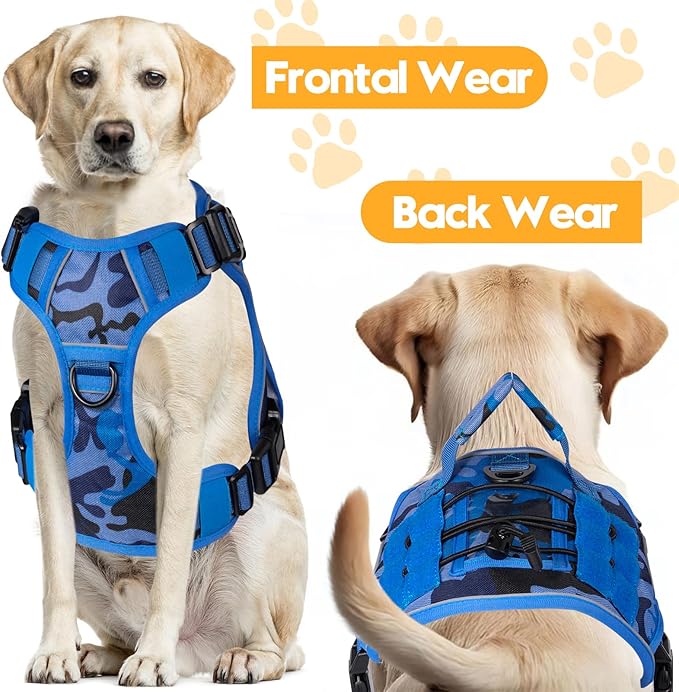 Heavy-Duty Tactical Dog Harness for Large Dogs, No Pull Adjustable Reflective Pet Vest with Molle System, K9 Military-Grade Control for Service Training, Outdoor & 10+ Breeds, Blue Camo, Small