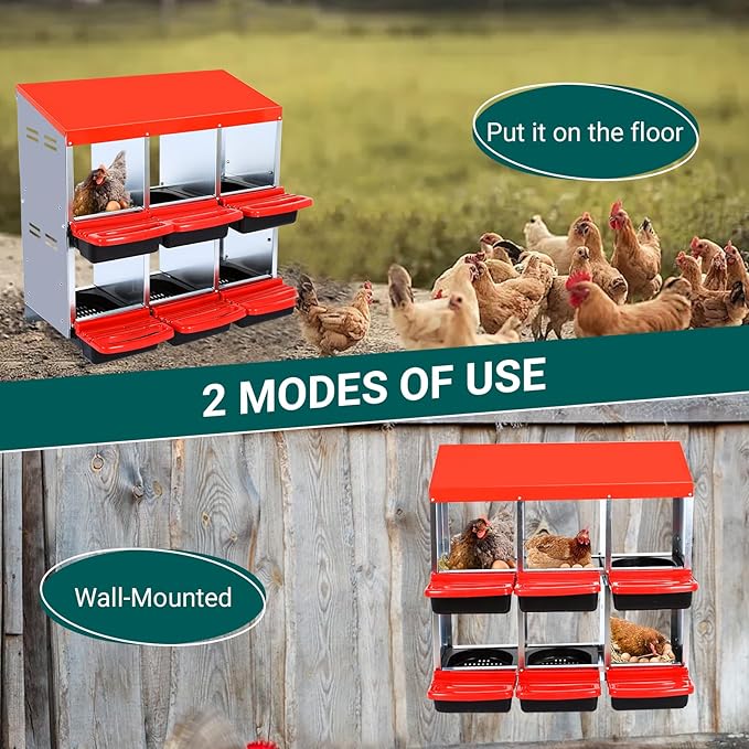 Nesting Boxes for Chickens, Chickens Laying Boxes for Chicken Coop, 6 Compartments Chicken Nesting Boxes, with Removable Tray, Easy Cleaning, for Hens Outdoor Chicken Coop Farm Yard, Red