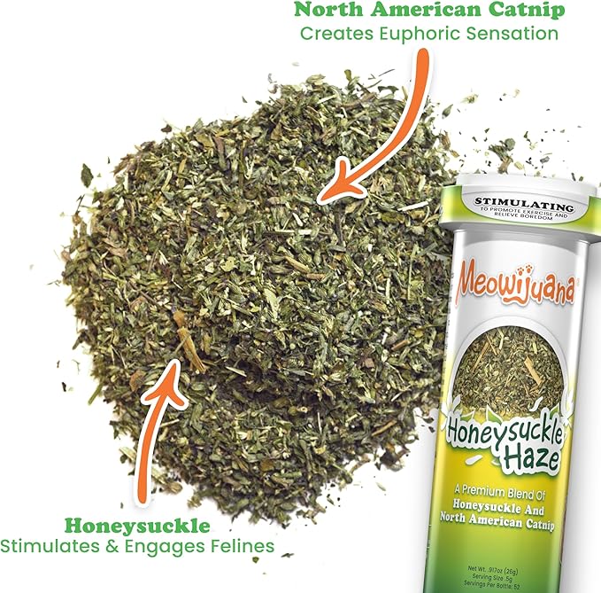 Meowijuana Honey Bee Bundle | Get Buzzed Honey Bee Wand Toy and Honeysuckle Haze Catnip Blend | Promotes Play and Cat Health | Includes North American Organic Catnip