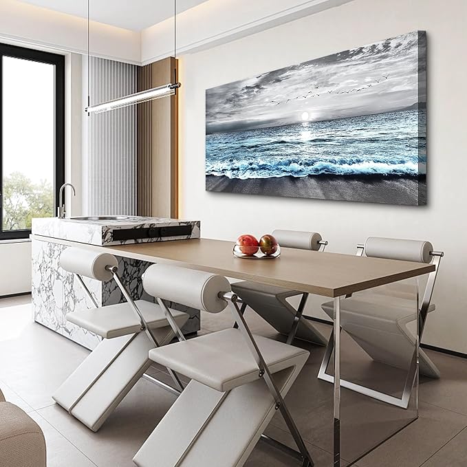 Lapremoly Large Canvas Wall Art For Living Room Wall Decor For Bedroom Office Wall Decorations Black And White Beach Wall Painting Blue Ocean Sea Wave landscape Pictures Artwork Posters Home Decor
