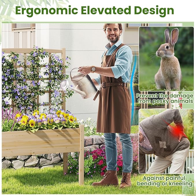 Giantex Raised Garden Bed with Trellis, Wooden Elevated Planter Box with Legs, Drainage Holes for Climbing Plants Vines Vegetables Flowers Herbs, Outdoor Horticulture Planter for Patio Yard (Natural)