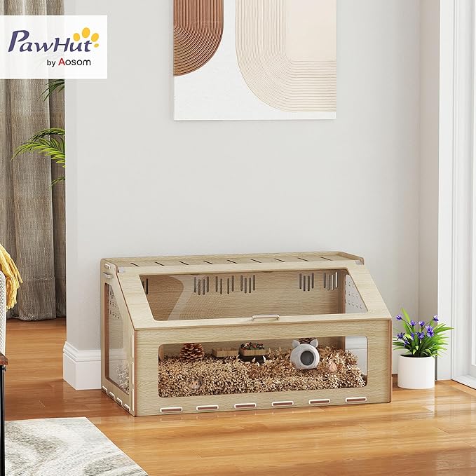 PawHut Hamster Cage with Acrylic Window & Openable Top, 39 inch Rat Cage with Air Vents for Dwarf Hamster, Guinea Pig, Rat, Gerbil, Oak