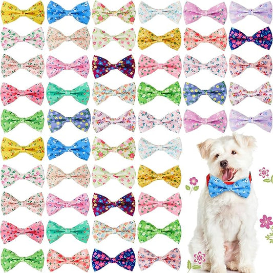 Hillban 50 Pieces Floral Collar Dog Bow Ties Flower Dog Collar Accessories Bow Ties Attachment with Elastic Bands Detachable Charms for Pets Accessories Summer Costume