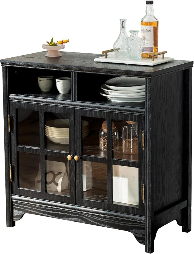 Chogori 31.5" Solid Wood Buffet Cabinet with Storage, Farmhouse Sideboard with 2 Doors, Coffee Bar Cabinet for Dining Room, Kitchen, or Living Room, Black