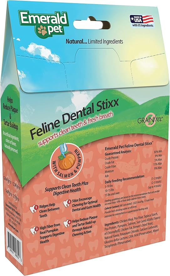 Emerald Pet Feline Dental Stixx — Tasty and Crunchy Cat Dental Sticks with Pumpkin for Digestive Health — Natural Grain Free Dental Treats for Clean Cat Teeth and Fresh Breath — Salmon Stixx, 3.6 oz