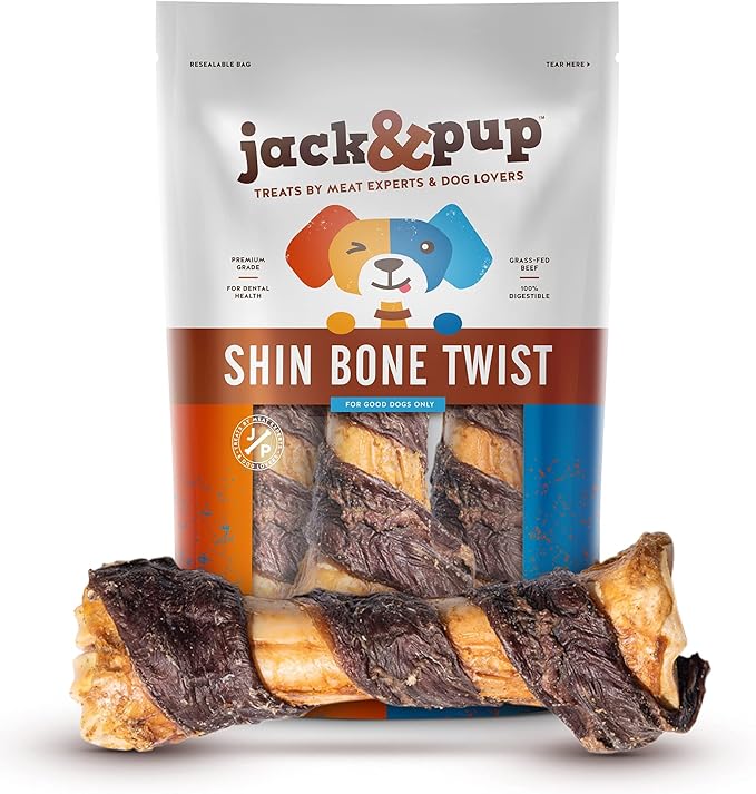 Jack&Pup 8-11” Twist Shin Bones, Roasted Meaty Beef Bone for Dogs – Long Lasting Natural Dog Bones, Big Dog Bone for Large Dogs (3 Pack)