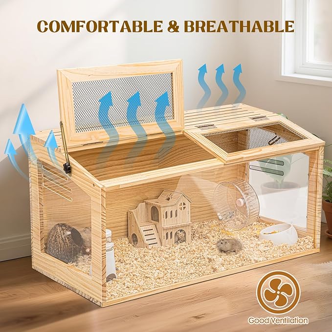 Hamster Cage 40 Inch Wooden Chewproof, 270° View Habitat with Bite-Proof Metal Mesh & Dual Access Doors, Acrylic Sheets & Solid Build for Dwarf Syrian Hamsters/Gerbils/Guinea Pigs/Chinchillas