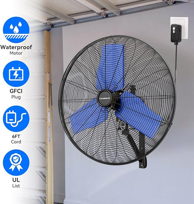 Pro 9500 CFM 24" Outdoor IP44 Waterproof Wall Mount Fan, 3-Speed Oscillating Metal Fans with Enclosure Motor, Heavy Duty Wall Fan for Patio, Warehouse, Garage, and Jobsite