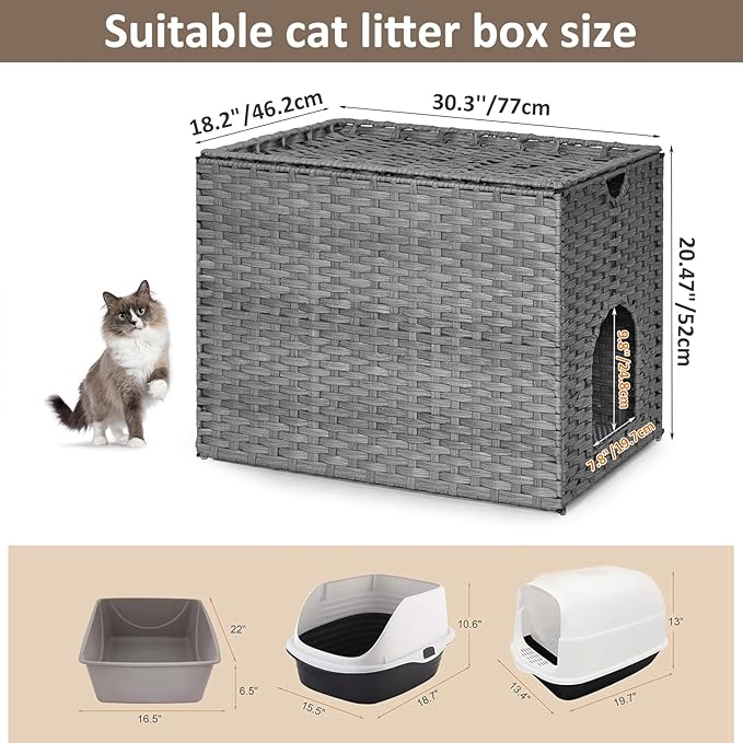 Cat Litter Box Enclosure with Litter Trapping Mat; Handwoven Plastic Rattan Cat House; No Installation Hidden Cat Washroom; Pet Crate for Balcony,Bedroom,Living Room