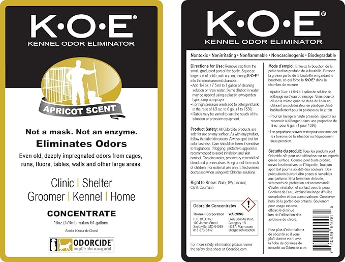 Ordorcide K.O.E. Apricot Odor Eliminator 16 oz for Strong Odor for Cages, Runs & More – Pet Odor Eliminator for Home & Kennel w/Safe, Non-Enzymatic Formula
