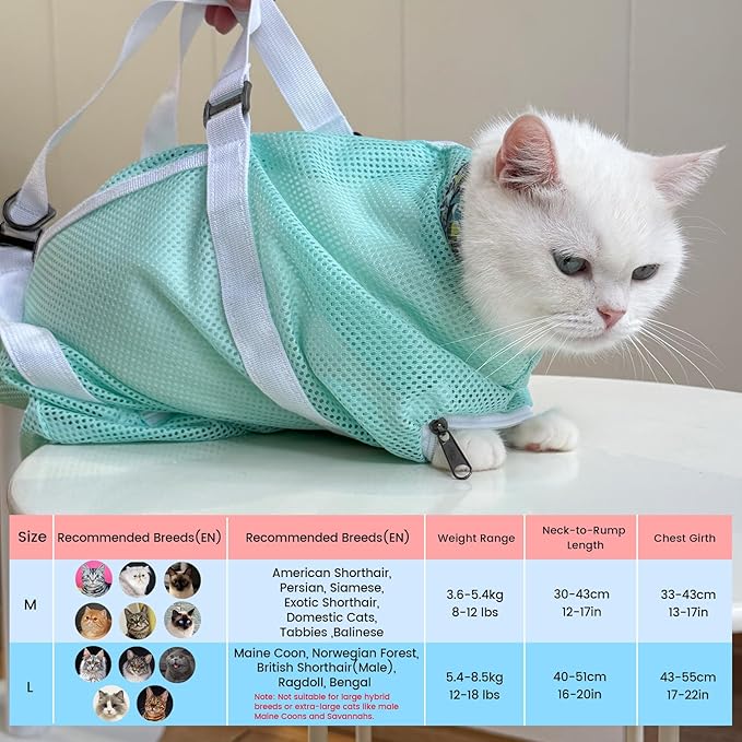 Cinf Cat Bathing Bag(Free Muzzle) Breathable Mesh Anti Scratch Adjustable Cat Grooming Bag for Nail Trimming, Bathing Soft Cat Washing Bag(Mint) L