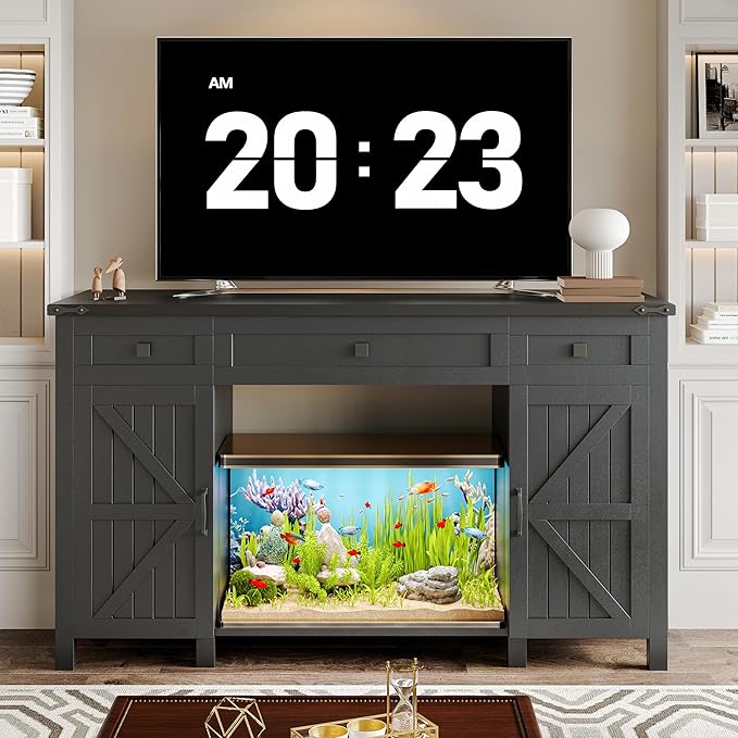 55-75 Gallon Aquarium Stand With Charging Station, Farmhouse Fish Tank Stand, Reptile Tank Stand Terrarium Stand with Drawer and Cabinet Storage, Sturdy Heavy Duty 53.5"×19.7" Tabletop - Black